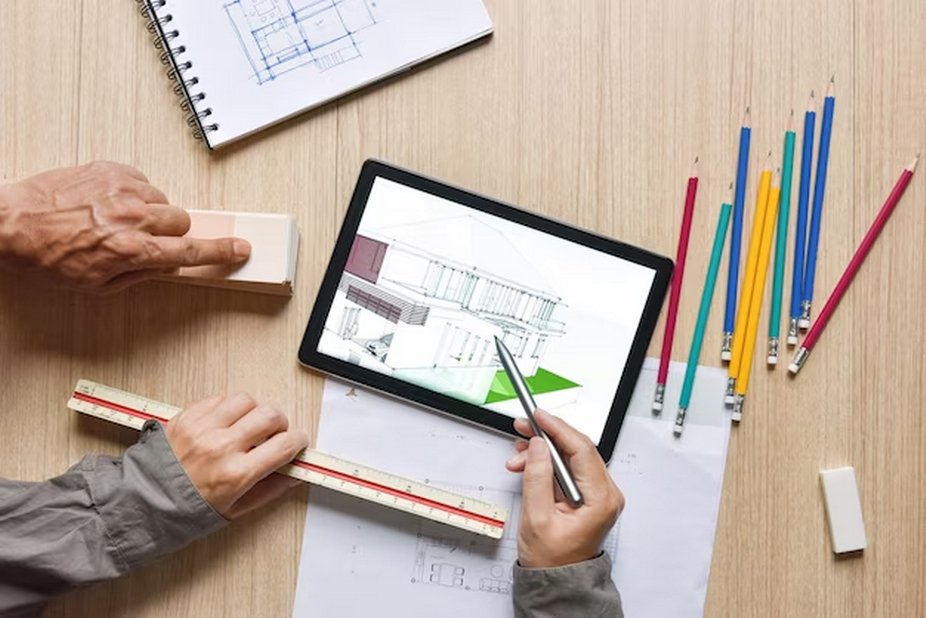Tablet showing an architectural drawing design