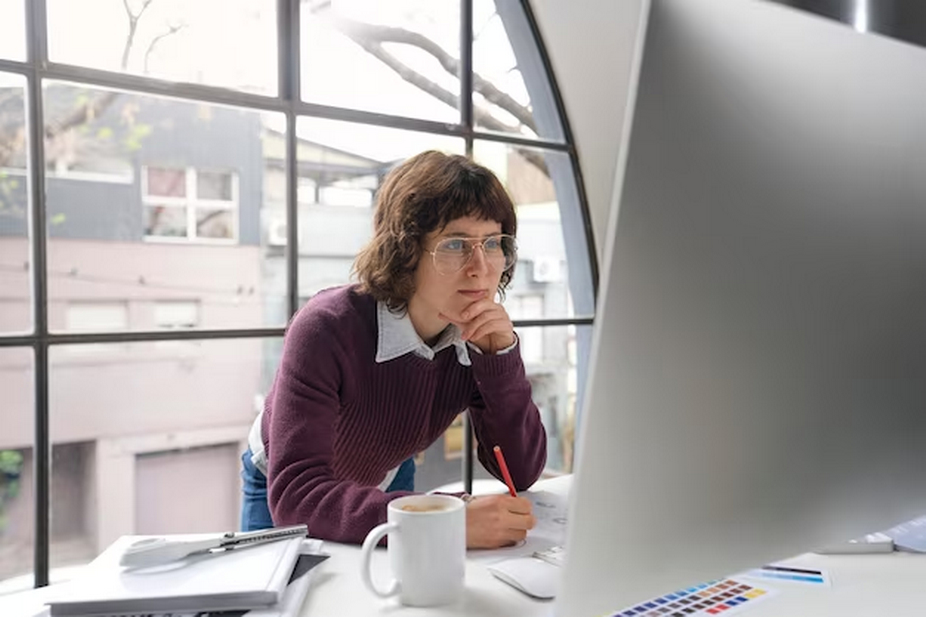 Woman working in front of a computer.